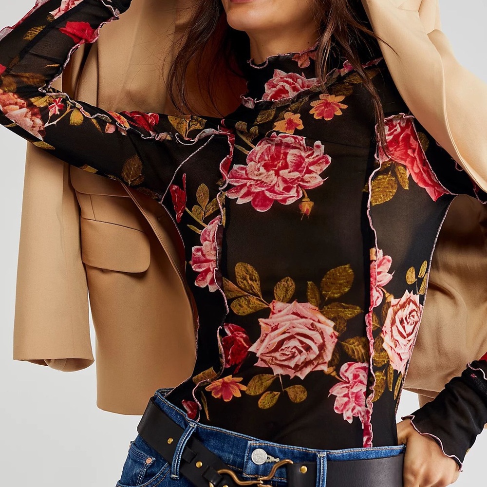 Floral Black Sheer Mock Turtleneck Top - Picture 2 of 7